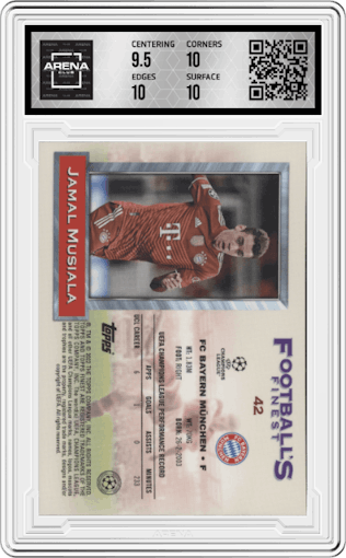 Jamal Musiala from the 2021-22 Topps Finest Flashbacks UEFA set graded by Arena Club and given an overall grade of 10.