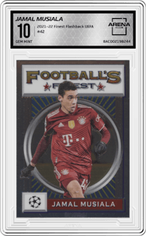 Jamal Musiala from the 2021-22 Topps Finest Flashbacks UEFA set graded by Arena Club and given an overall grade of 10.