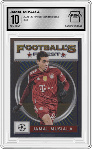 Jamal Musiala from the 2021-22 Topps Finest Flashbacks UEFA set graded by Arena Club and given an overall grade of 10.