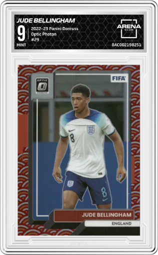 Jude Bellingham from the 2022-23 Panini Donruss  set featuring a Optic Photon parallel graded by Arena Club and given an overall grade of 9.