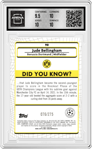 Jude Bellingham from the 2021-22 Topps Merlin Chrome UEFA League set featuring a Pink Mojo Refractor parallel graded by Arena Club and given an overall grade of 10.