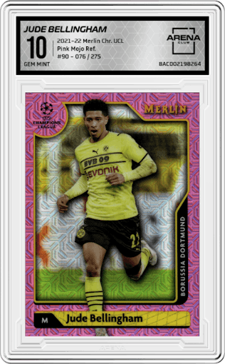 Jude Bellingham from the 2021-22 Topps Merlin Chrome UEFA League set featuring a Pink Mojo Refractor parallel graded by Arena Club and given an overall grade of 10.