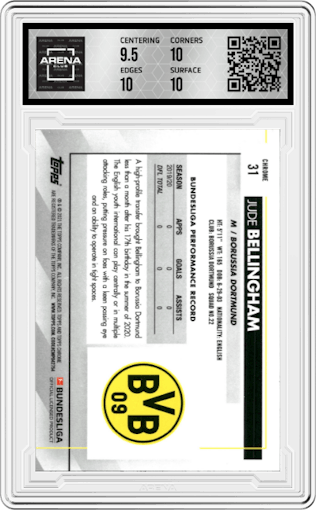 Jude Bellingham from the 2020-21 Topps Chrome Bundesliga set graded by Arena Club and given an overall grade of 10.