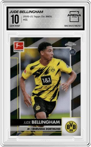 Jude Bellingham from the 2020-21 Topps Chrome Bundesliga set graded by Arena Club and given an overall grade of 10.
