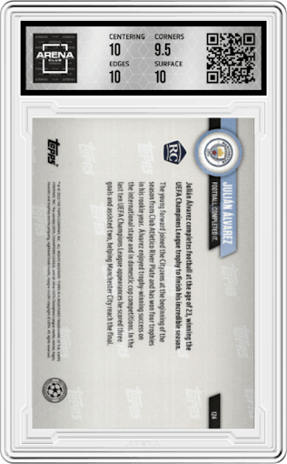 Julian Alvarez from the 2022-23 Topps Now UEFA Champions League set graded by Arena Club and given an overall grade of 10.