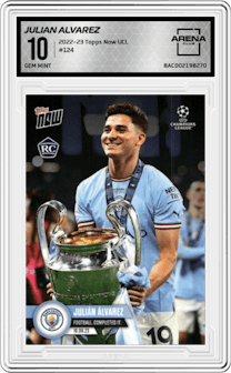 Julian Alvarez from the 2022-23 Topps Now UEFA Champions League set graded by Arena Club and given an overall grade of 10.