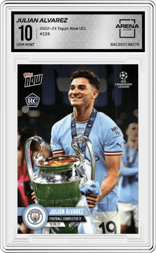 Julian Alvarez from the 2022-23 Topps Now UEFA Champions League set graded by Arena Club and given an overall grade of 10.