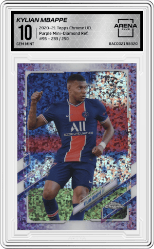 Kylian Mbappe from the 2020-21 Topps Chrome UEFA Champions League set featuring a Purple Mini-Diamond Refractor parallel graded by Arena Club and given an overall grade of 10.