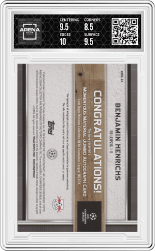 Benjamin Henrichs from the 2023-24 Topps Museum Collection UEFA Club Competitions set graded by Arena Club and given an overall grade of 9.