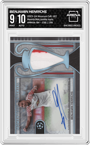 Benjamin Henrichs from the 2023-24 Topps Museum Collection UEFA Club Competitions set graded by Arena Club and given an overall grade of 9.