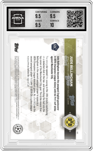 Jude Bellingham from the 2020-21 Topps Now UEFA Champions League set graded by Arena Club and given an overall grade of 10.