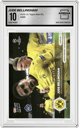 Jude Bellingham from the 2020-21 Topps Now UEFA Champions League set graded by Arena Club and given an overall grade of 10.