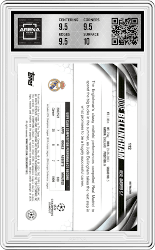 Jude Bellingham from the 2023-24 Topps Chrome UEFA Club Competitions set featuring a Refractor parallel graded by Arena Club and given an overall grade of 10.