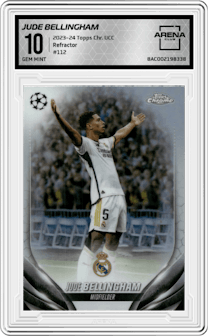 Jude Bellingham from the 2023-24 Topps Chrome UEFA Club Competitions set featuring a Refractor parallel graded by Arena Club and given an overall grade of 10.