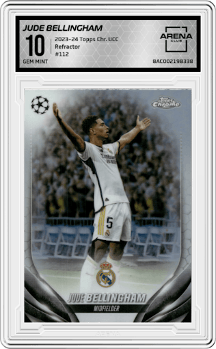 Jude Bellingham from the 2023-24 Topps Chrome UEFA Club Competitions set featuring a Refractor parallel graded by Arena Club and given an overall grade of 10.