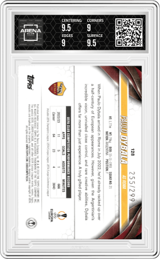 Paulo Dybala from the 2023-24 Topps UEFA Club Competitions set featuring a Purple Foilboard parallel graded by Arena Club and given an overall grade of 9.5.