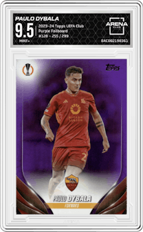 Paulo Dybala from the 2023-24 Topps UEFA Club Competitions set featuring a Purple Foilboard parallel graded by Arena Club and given an overall grade of 9.5.