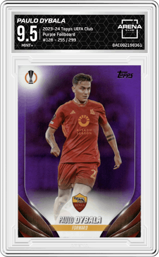Paulo Dybala from the 2023-24 Topps UEFA Club Competitions set featuring a Purple Foilboard parallel graded by Arena Club and given an overall grade of 9.5.