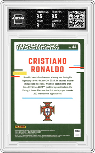 Cristiano Ronaldo from the 2023-24 Panini Donruss set featuring a Silver parallel graded by Arena Club and given an overall grade of 9.5.