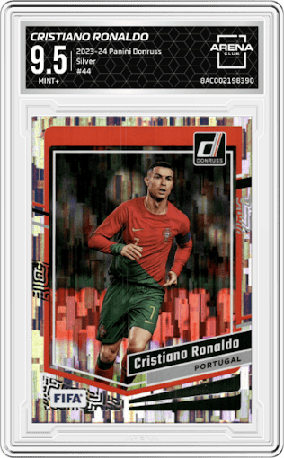 Cristiano Ronaldo from the 2023-24 Panini Donruss set featuring a Silver parallel graded by Arena Club and given an overall grade of 9.5.