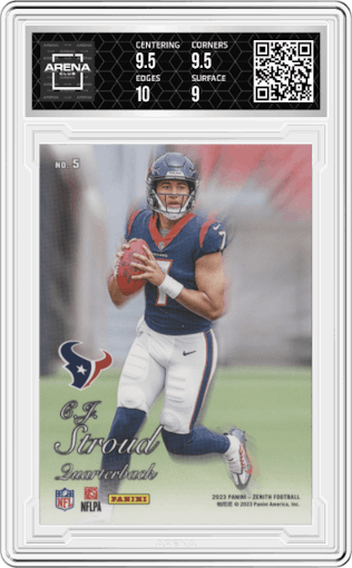C.J. Stroud from the 2023 Panini Zenith set featuring a Red parallel graded by Arena Club and given an overall grade of 9.5.