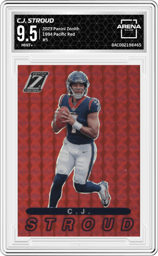 C.J. Stroud from the 2023 Panini Zenith set featuring a Red parallel graded by Arena Club and given an overall grade of 9.5.