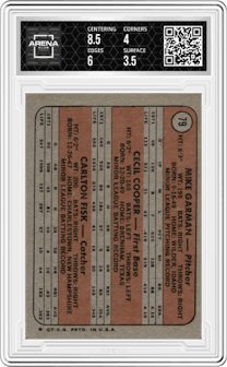 Mike Garman/Cecil Cooper/Carlton Fisk from the 1972 Topps set graded by Arena Club and given an overall grade of 4.