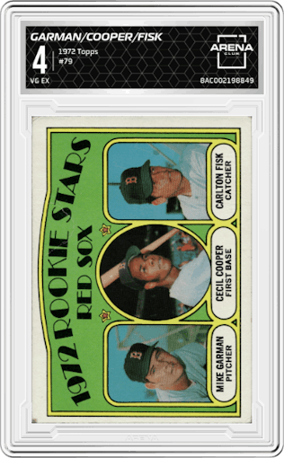 Mike Garman/Cecil Cooper/Carlton Fisk from the 1972 Topps set graded by Arena Club and given an overall grade of 4.