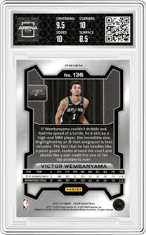 Victor Wembanyama from the 2023-24 Panini Prizm set featuring a Orange Ice parallel graded by Arena Club and given an overall grade of 9.