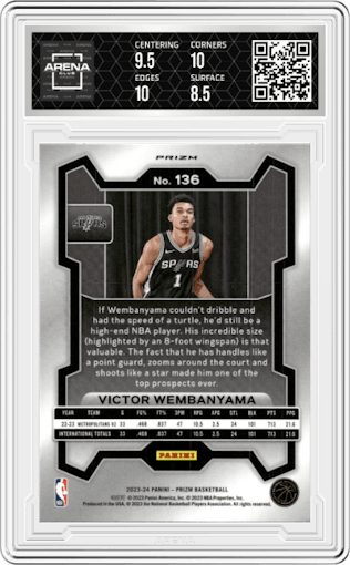Victor Wembanyama from the 2023-24 Panini Prizm set featuring a Orange Ice parallel graded by Arena Club and given an overall grade of 9.