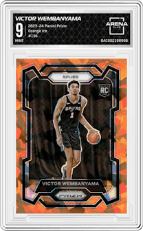 Victor Wembanyama from the 2023-24 Panini Prizm set featuring a Orange Ice parallel graded by Arena Club and given an overall grade of 9.