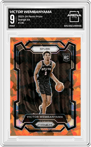 Victor Wembanyama from the 2023-24 Panini Prizm set featuring a Orange Ice parallel graded by Arena Club and given an overall grade of 9.