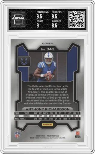 Anthony Richardson from the 2023 Panini Prizm set featuring a Purple Pulsar parallel graded by Arena Club and given an overall grade of 9.