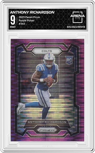 Anthony Richardson from the 2023 Panini Prizm set featuring a Purple Pulsar parallel graded by Arena Club and given an overall grade of 9.