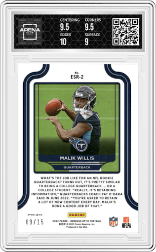 Malik Willis from the 2022 Panini Donruss Optic set featuring a Ice parallel graded by Arena Club and given an overall grade of 9.5.