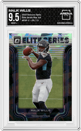 Malik Willis from the 2022 Panini Donruss Optic set featuring a Ice parallel graded by Arena Club and given an overall grade of 9.5.