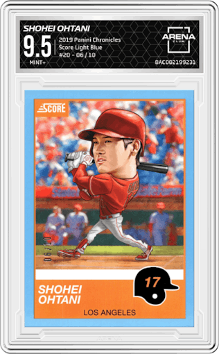 Shohei Ohtani from the 2019 Panini Chronicles set featuring a Light Blue parallel graded by Arena Club and given an overall grade of 9.5.