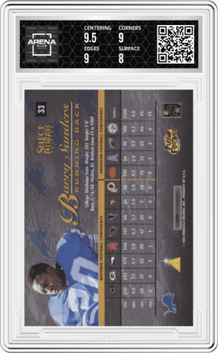 Barry Sanders from the 1996 Select Certified set graded by Arena Club and given an overall grade of 8.5.
