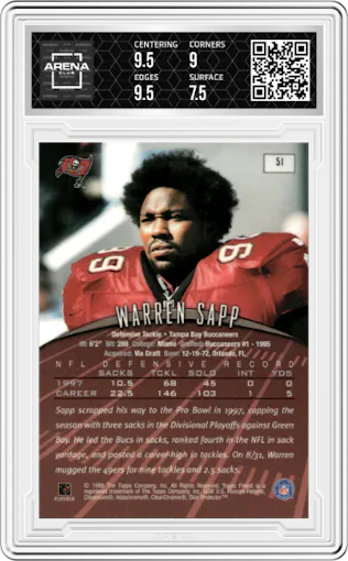Warren Sapp  from the 1998 Topps Finest set featuring a W/ Coating parallel graded by Arena Club and given an overall grade of 8.