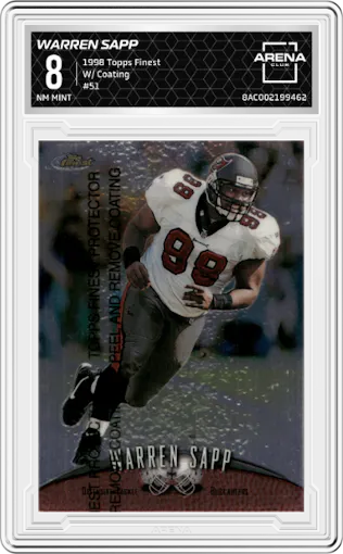 Warren Sapp  from the 1998 Topps Finest set featuring a W/ Coating parallel graded by Arena Club and given an overall grade of 8.