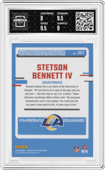Stetson Bennett IV from the 2023 Donruss Optic set graded by Arena Club and given an overall grade of 8.5.