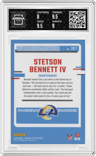 Stetson Bennett IV from the 2023 Donruss Optic set graded by Arena Club and given an overall grade of 8.5.