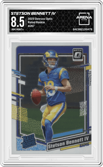 Stetson Bennett IV from the 2023 Donruss Optic set graded by Arena Club and given an overall grade of 8.5.