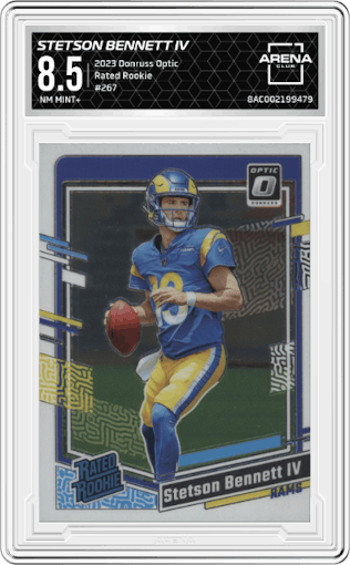 Stetson Bennett IV from the 2023 Donruss Optic set graded by Arena Club and given an overall grade of 8.5.