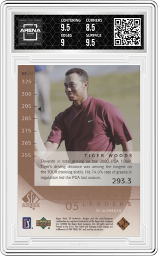 Tiger Woods from the 2003 Upper Deck SP Authentic set graded by Arena Club and given an overall grade of 9.