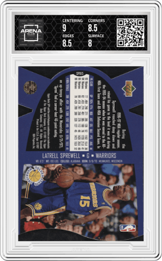 Latrell Sprewell from the 1997 SPx set graded by Arena Club and given an overall grade of 8.5.