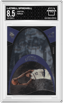 Latrell Sprewell from the 1997 SPx set graded by Arena Club and given an overall grade of 8.5.