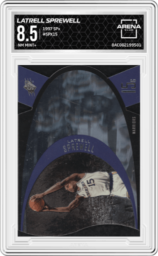 Latrell Sprewell from the 1997 SPx set graded by Arena Club and given an overall grade of 8.5.