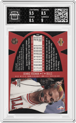 Dennis Rodman from the 1997 SPx set graded by Arena Club and given an overall grade of 9.