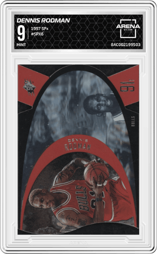 Dennis Rodman from the 1997 SPx set graded by Arena Club and given an overall grade of 9.